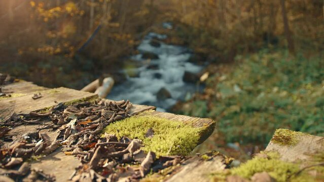Old broken planks of a wooden bridge with blurred charming image of an autumn forest with yellow trees and turbulent water stream washing big stones. High quality 4k footage