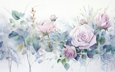Beautiful roses with green leaves on white background. Decorative flower illustration in watercolor style.