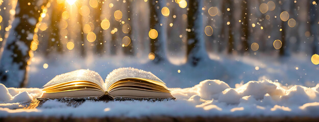 Magical glow open book background. Christmas fairy-tale on winter holidays and snowy forest. Paper pages.
