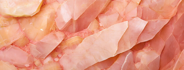 Polished detailed pink stone calcite texture background abstract copy space panorama.