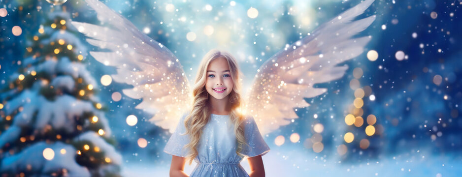 Portrait of peaceful girl angel wearing white wings looking at camera on blue snowy Christmas tree background. Panorama with copy space.