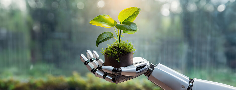 Robot Hand Holding green sprout seedling for planting in greenhouse. Concept of saving planet earth using Artificial Intelligence. Background hi-tech in agriculture. Cultivation, nature conservation.