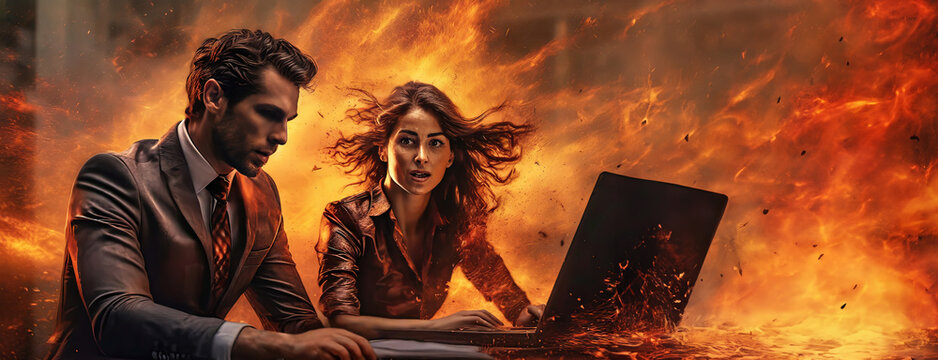 Businessmen man and woman tensely solving work issues before the annual report. Overworked workers feel strain stress. Concept of excessive load on the brain. Fatigue and panic attack.