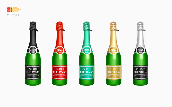 Champagne Set. Champagne Bottle with Labels Merry Christmas and Happy New Year 2024. Realistic Bottles of Sparkling Wine. Set with different colored labels - Red, Gold, Green, Black, Silver. Vector