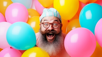 Fototapeta na wymiar Party time.Joy fun and happiness concept. Happy bearded man