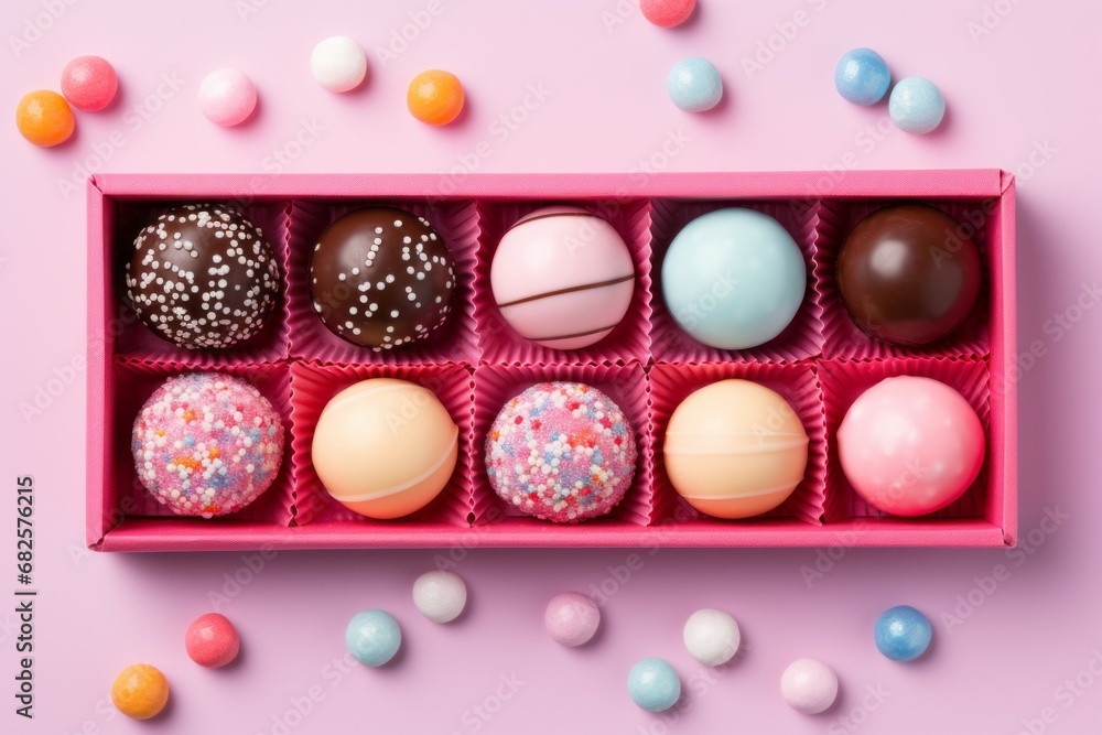 Poster a set of sweets in a box. background with selective focus and copy space