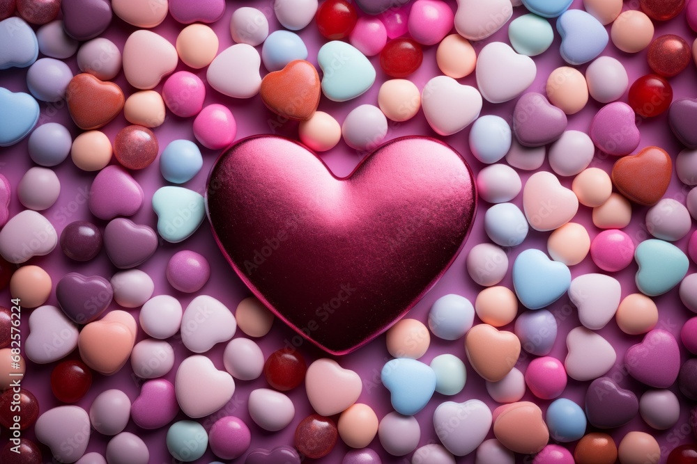 Poster heart with candies in glaze. background with selective focus and copy space