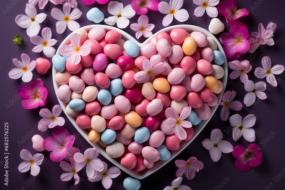 Poster glazed candies in a heart-shaped box with spring flowers. background with selective focus and copy s
