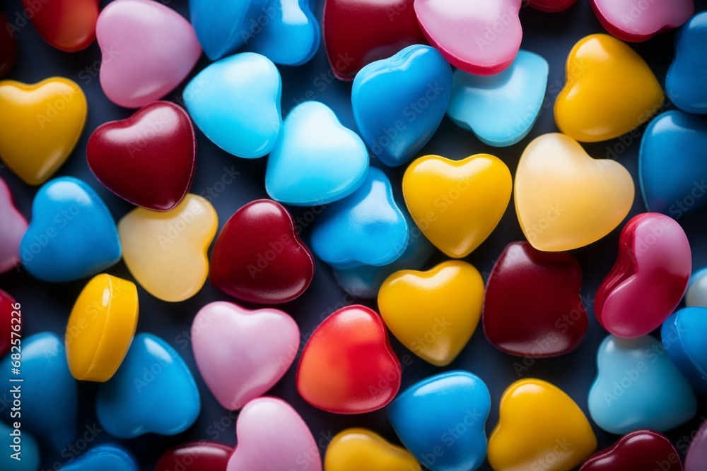 Poster caramels in the shape of a heart. background with selective focus and copy space