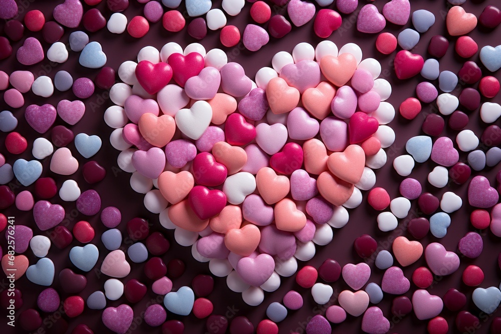 Poster candies in glaze with a heart-shaped layout. background with selective focus and copy space