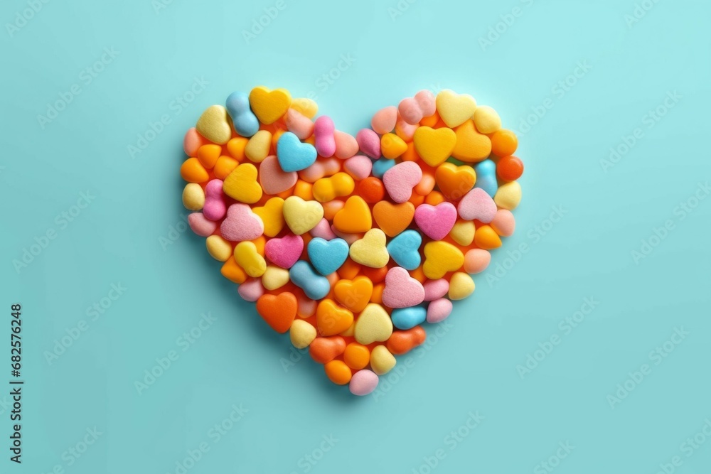 Poster multi-colored small candies with a heart-shaped layout. background with selective focus and copy spa