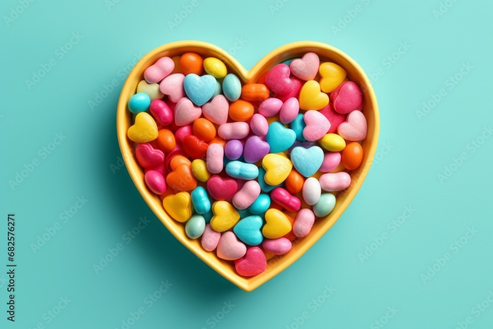Poster multi-colored small candies in a heart-shaped box. background with selective focus and copy space