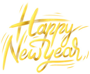 Lettering aislado con las palabras feliz año nuevo en letras cursivas y color dorado y efecto de pinceladas con brillos, festividad de fin de año