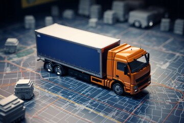 Truck on an abstract map. Cargo delivery concept. Background with selective focus and copy space