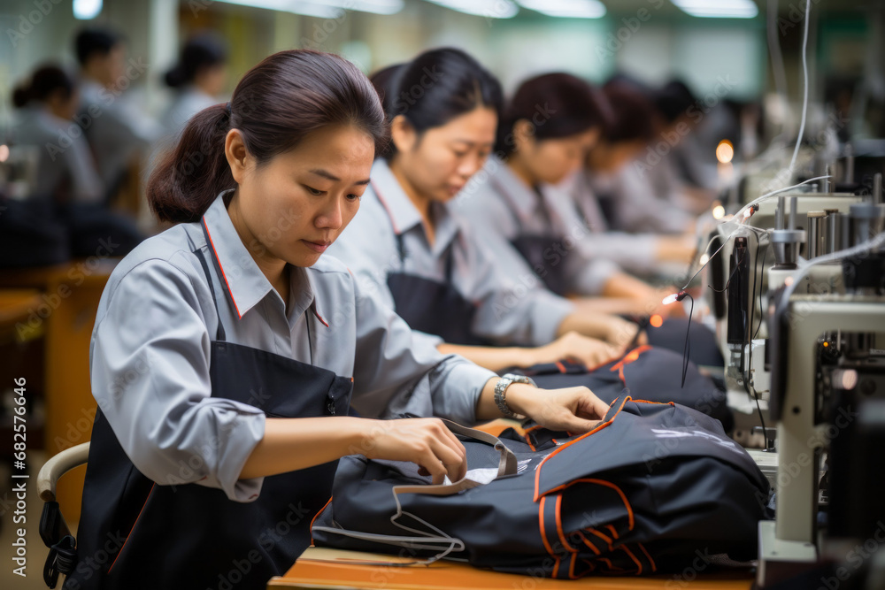 Poster workers at an asian garment factory at work. background with selective focus and copy space