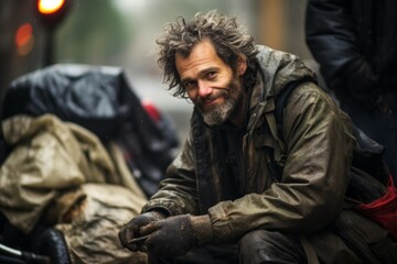 A homeless man with a difficult life. Background with selective focus and copy space