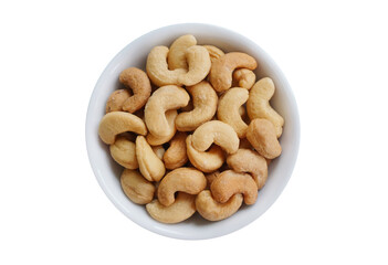 Bowl or dish of raw organic cashews that are salted and roasted