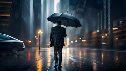 Businessman holds an umbrella in the rain in a big city (business concept) - obrazy, fototapety, plakaty
