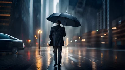 Fotobehang Businessman holds an umbrella in the rain in a big city (business concept) © joephotostudio
