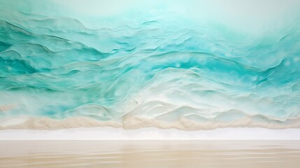 Ocean-inspired epoxy wall texture with waves of turquoise and sand hues. - obrazy, fototapety, plakaty