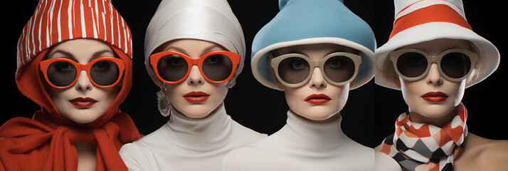 Four cool women wearing sunglasses and festive Christmas winter clothing - stylish fashion = pop...