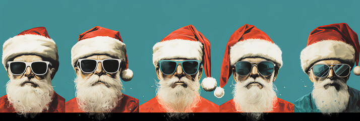 Five cool Santa’s wearing sunglasses - quirky charm - Christmas style - blue-green background - festive  - obrazy, fototapety, plakaty