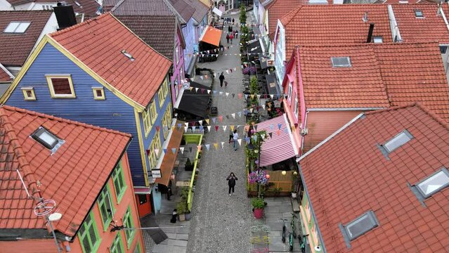 Flying over European Rooftops and colorful houses in Stavanger Norway