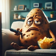Illustration of a couch potato. A lazy demotivated couch potato sitting on a couch watching TV and eating chips. Laziness. Comfort zone. Lethargic. Generative AI