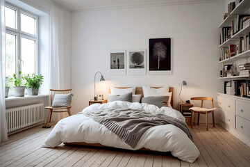 Modern Scandinavian style double bedroom with white Linen and grey throw natural floorboards and cast iron radiator Wall art above headboard interior room design