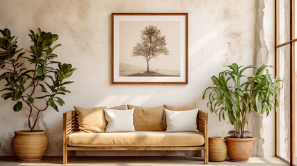 Continental sitting room with slatted wooden sofa bench and cushions with house plants against a textured wall with wall art classic interior design mockup - obrazy, fototapety, plakaty