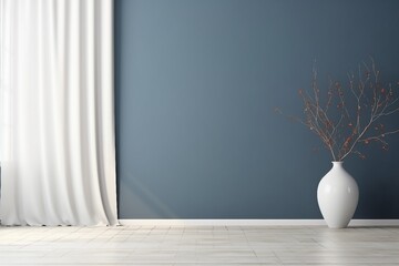 Empty interior background, room with blue wall, vase with branch and window 3d rendering. generative ai. - obrazy, fototapety, plakaty