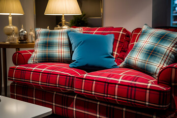 Modern sitting room with red upholstered tartan sofa and blue cushions with coffee table and side lamps contemporary interior room design mock up