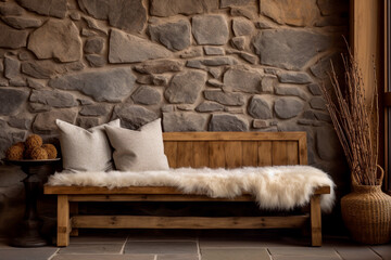 Rustic wooden bench seat with cushions and throw aside a potted plant on a tiled floor against a natural Stone wall rustic interior room design