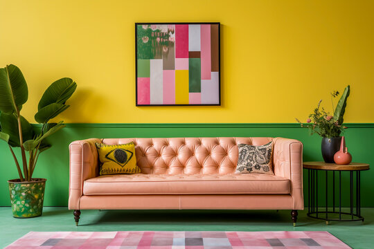 Modern living room design with Peach button back sofa and side table set against green and yellow wall with dado rail abstract wall art above sofa interior room design