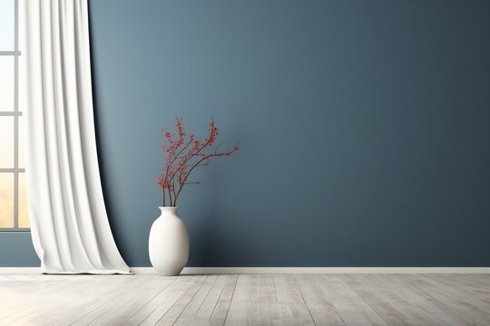 Empty interior background, room with blue wall, vase with branch and window 3d rendering. generative ai.