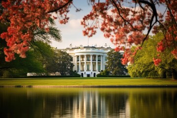 Fototapeta na wymiar Cherry Blossoms at the White House Through during Spring Time.