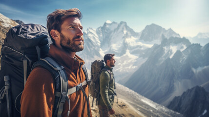 Hikers in Himalayas. Two men enjoy outdoor life and trekking. Majestic mountain landscape in the background. - obrazy, fototapety, plakaty