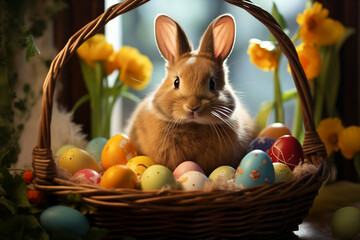 Enchanting Easter Bunny nestled among vibrant eggs and spring blooms