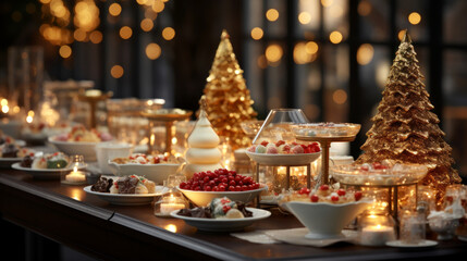 Festive Christmas food. Fine Dinner buffet table with sweet dishes, snacks, desserts and drinks. Golden glittering decoration