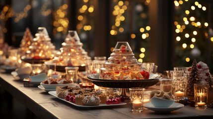 Festive Christmas sweet food. Fine Dinner buffet table with dishes, snacks, desserts and drinks. Golden glittering decoration