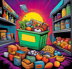 Concept of grocery shopping and home delivery, grocery app and filled package of goods,