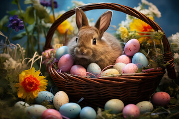 Adorable Bunny Nestled Amongst Vibrant Easter Eggs in a Wicker Basket