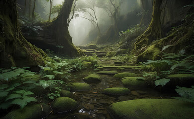 A beautiful jungle with many tropical plants.