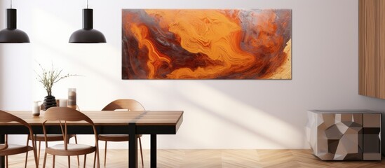 The artist skillfully created an abstract artwork with a vibrant mix of orange, yellow, and purple colors, painting an abstract frame around a textured rock, adding depth and intrigue to the piece