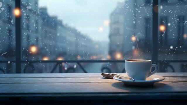 A warm cup of coffee or tea by the window with a view of the falling snow outside and a slight bokeh effect. seamless looping time-lapse virtual 4k video animation background. Generated with AI