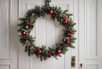 Beautiful Christmas wreath hanging on entrance door Elegant Christmas wreath on white wooden door