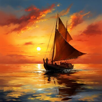 Beautiful fishermen sailing boat sunrise sunset background image Ai generated art