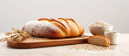 A mouthwatering cake and a freshly baked bread, both made with French flour and topped with sesame seeds, displayed on a wooden board in an isolated white background.