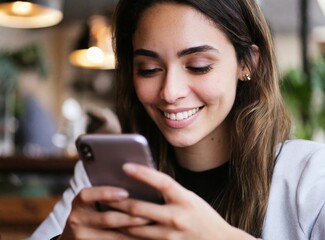 Beautiful brunette woman using her phone texting at coffee shop, smiling face closeup