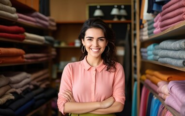 Fototapeta na wymiar Happy confident woman small shop business owner standing smiling